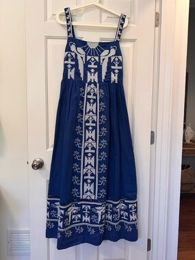 FARM Rio Blue and White Embroidered Maxi Dress